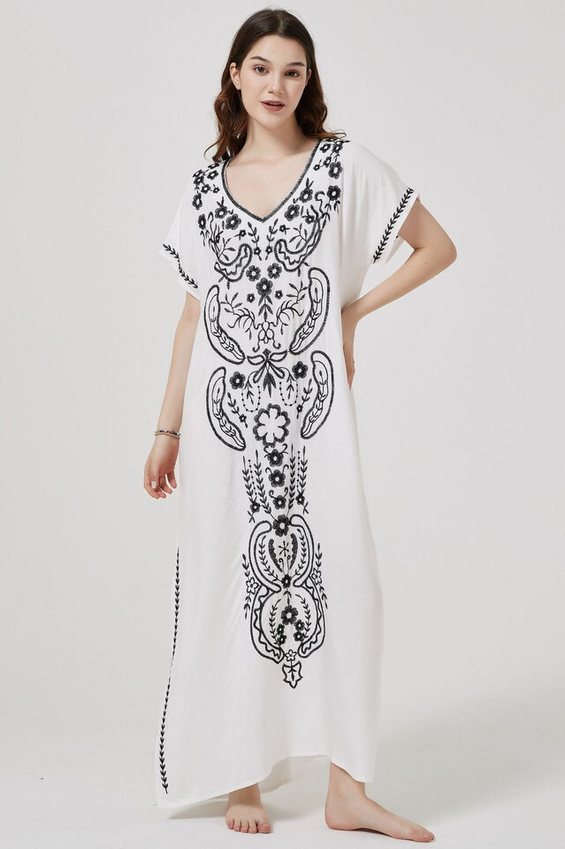 Embroidered V-Neck Short Sleeve Kaftan Maxi Dress 36