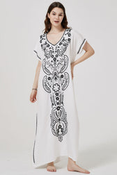 Embroidered V-Neck Short Sleeve Kaftan Maxi Dress 36