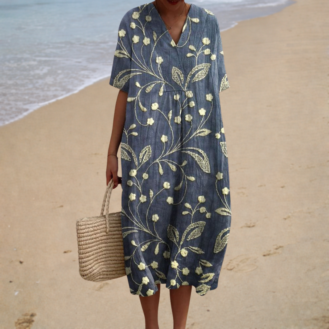 Floral Embroidered V-Neck Short Sleeve Loose Midi Dress