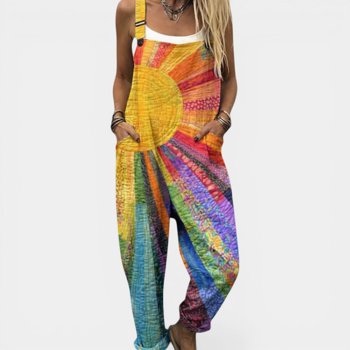 Sunburst Print Square Neck Pocket Overall Jumpsuit
