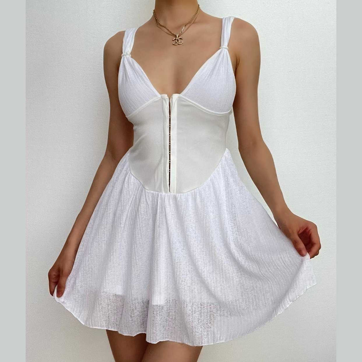 Deep V-Neck Knot Strap Hook Front Corset Waist Flared Mini Dress 2