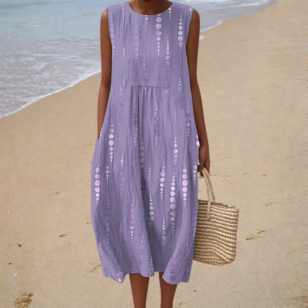 Dot Print Crew Neck Sleeveless Pocket Midi Dress