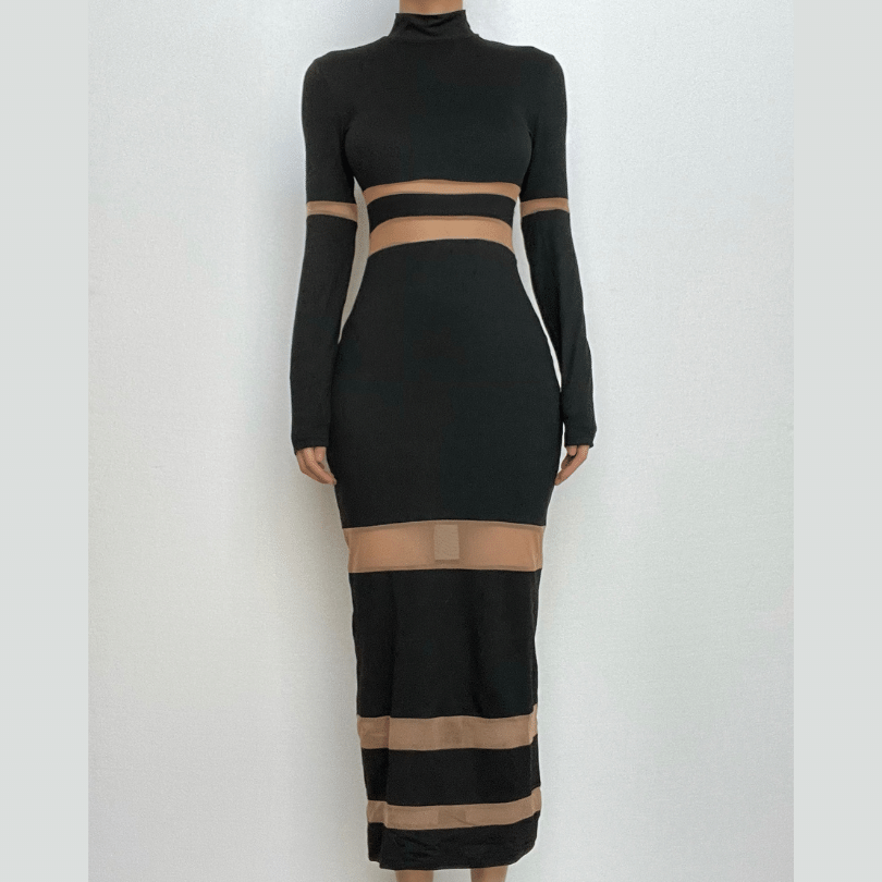 Mock Neck Long Sleeve Mesh Stripe Panel Bodycon Maxi Dress