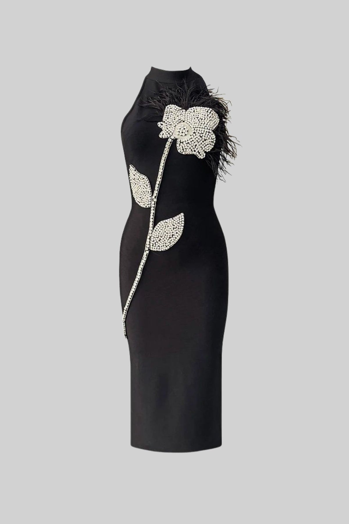 Halter Neck Beaded Flower Applique Feather Trim Bodycon Midi Dress 2