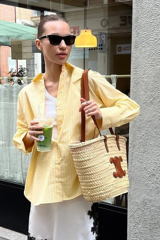 Pinstripe Collared Button Front Long Sleeve Oversized Shirt
