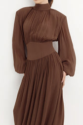 Chiffon Puff Sleeve Ruched Midi Dress - View 2