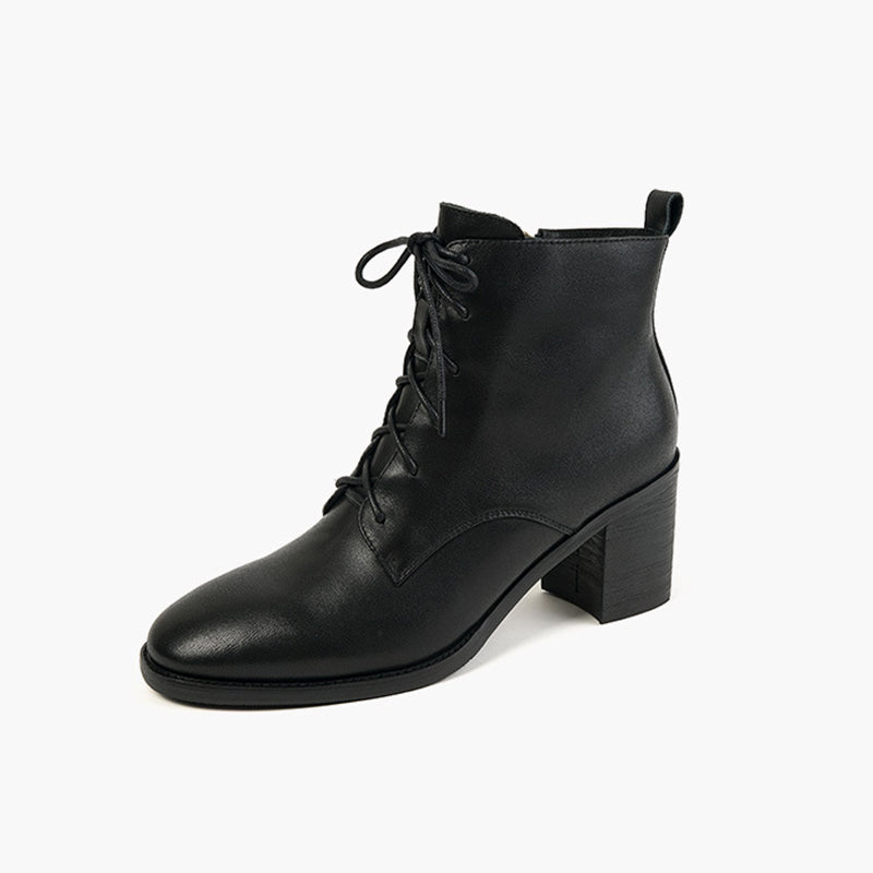 High Heel Boots Side Zip Cowhide Leather Ankle Boots Soft Walking Short Boots Brown/Black