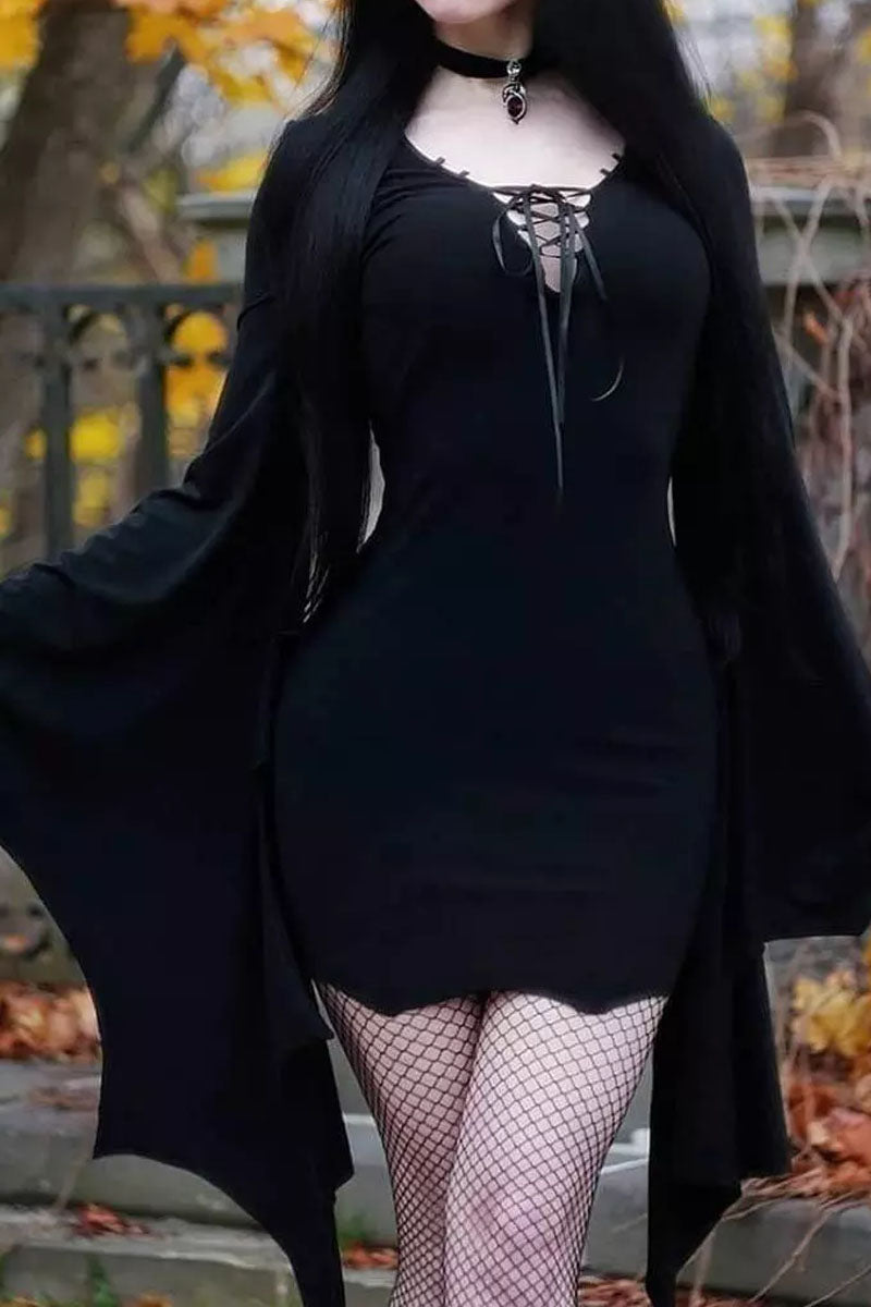 Halloween Color Block Lace Up Batwing Sleeve Bodycon Dress