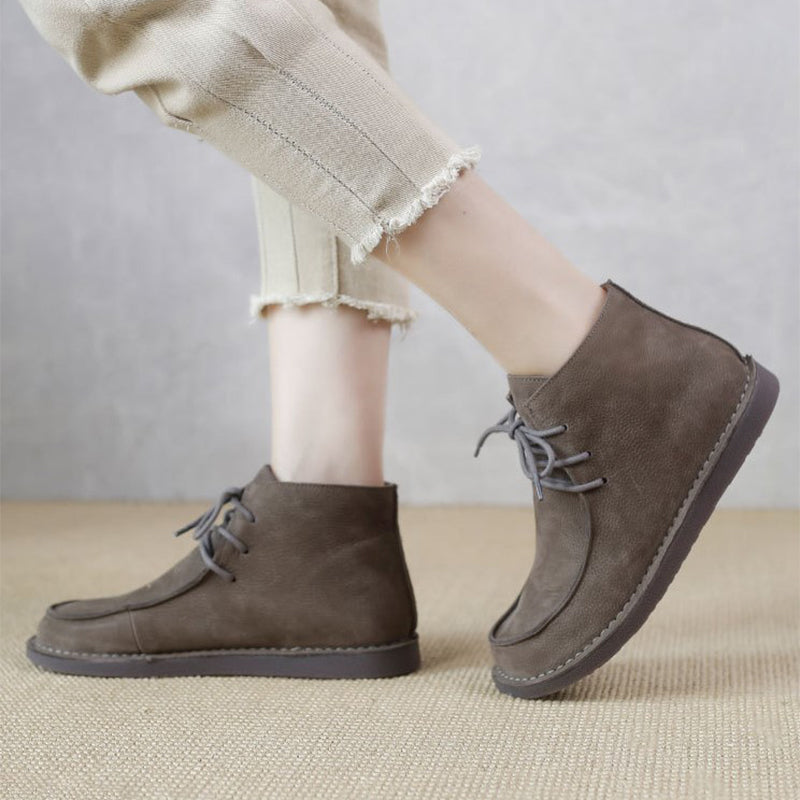 Genuine Leather Soft Flat Boots For Women Round Toe Lace Up Mori Girl Style Wide Fit Grey/Coffee