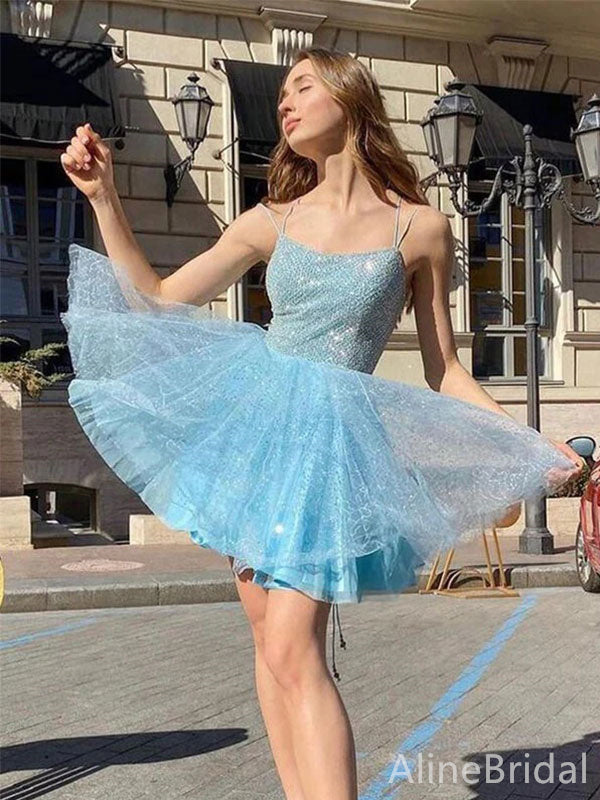 Glitter Tulle Spaghetti Strap Sequin Bodice A-Line Homecoming Mini Dress