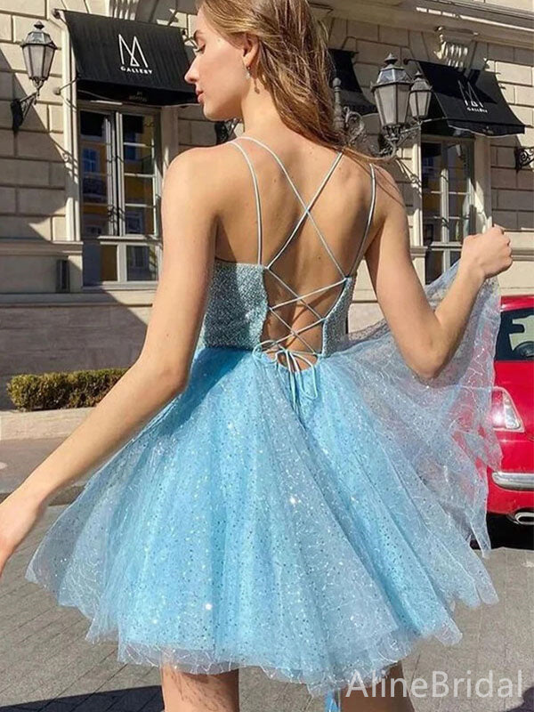 Glitter Tulle Spaghetti Strap Sequin Bodice A-Line Homecoming Mini Dress 2