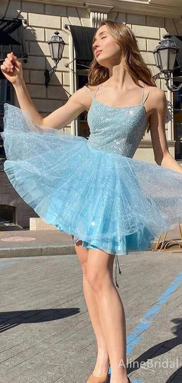 Glitter Tulle Spaghetti Strap Sequin Bodice A-Line Homecoming Mini Dress 3