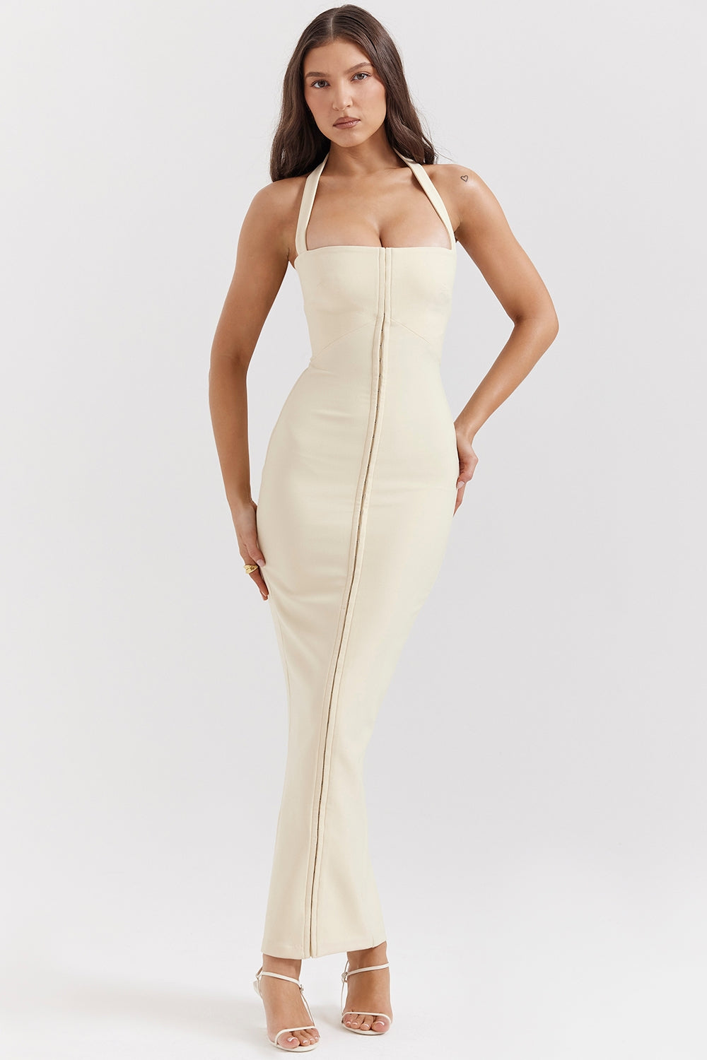 Halter Neck Square Bust Hook Front Bodycon Maxi Dress