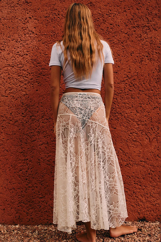 Sheer Floral Lace Low Waist Flared Hem Maxi Skirt 4
