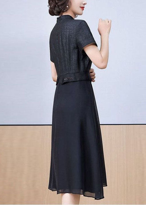 Mandarin Collar Floral Embroidery Asymmetrical Pleated Midi Dress