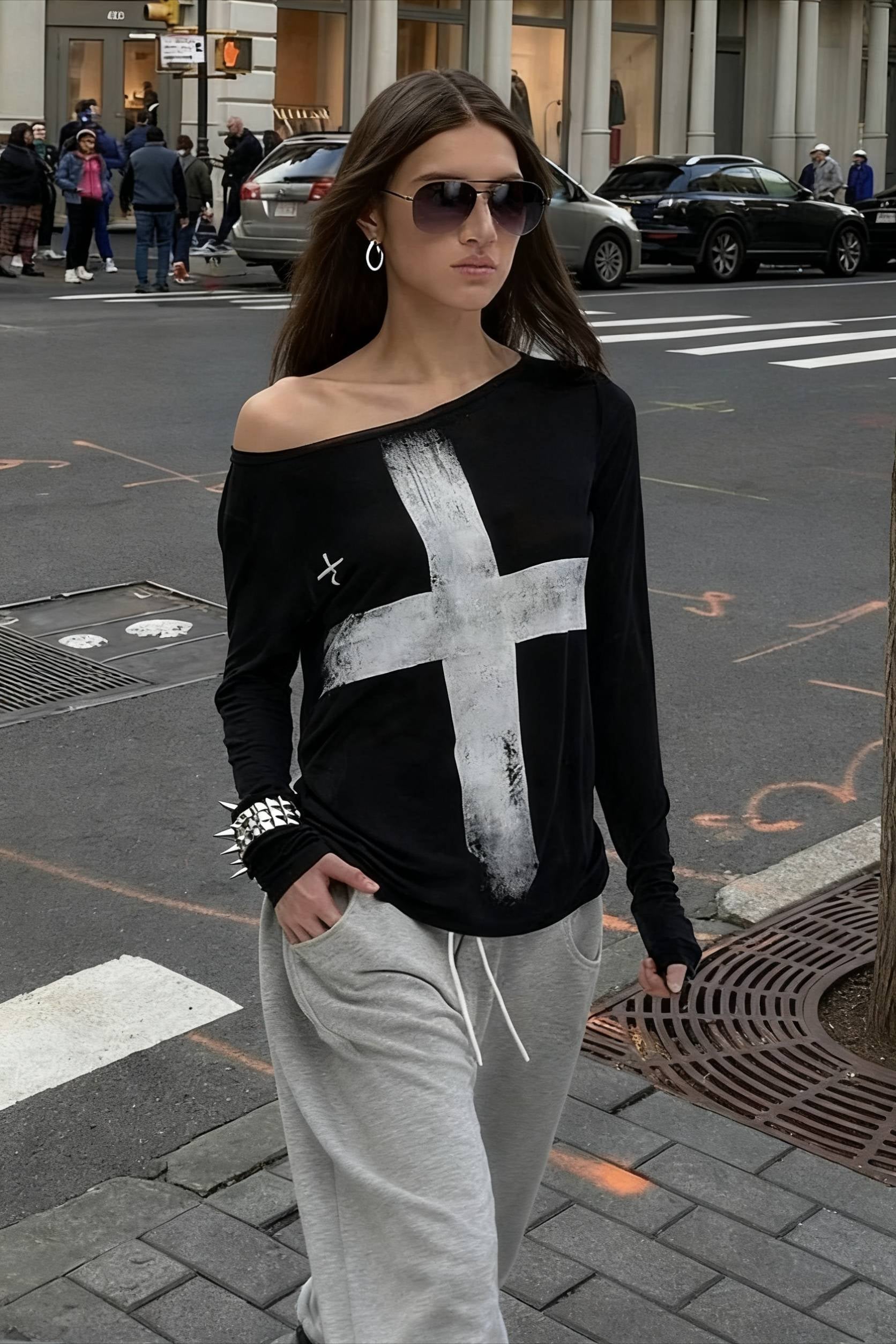 Cross Print Asymmetrical T-Shirt