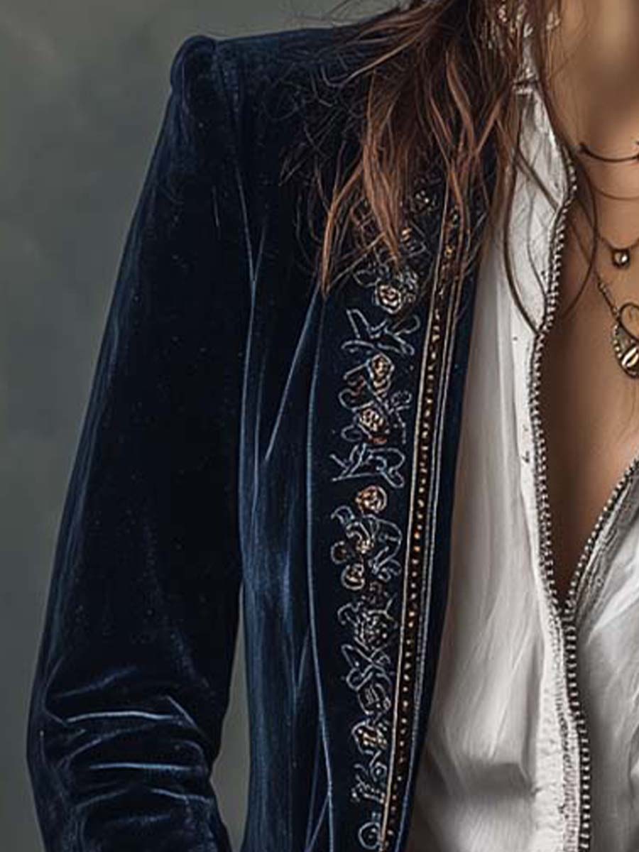 Embroidered Velvet Longline Blazer 6