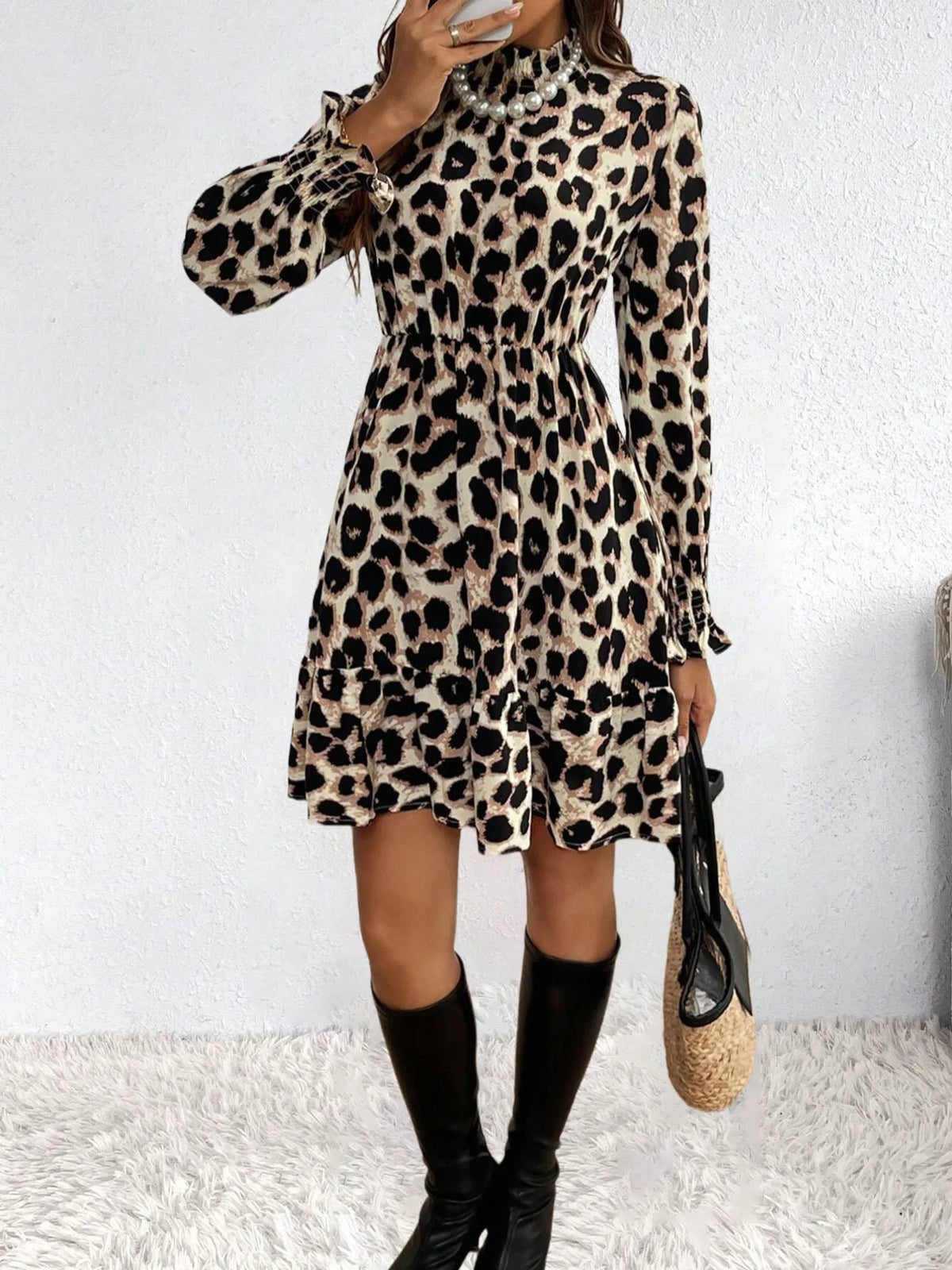 Leopard Print Long Sleeve Mini Dress