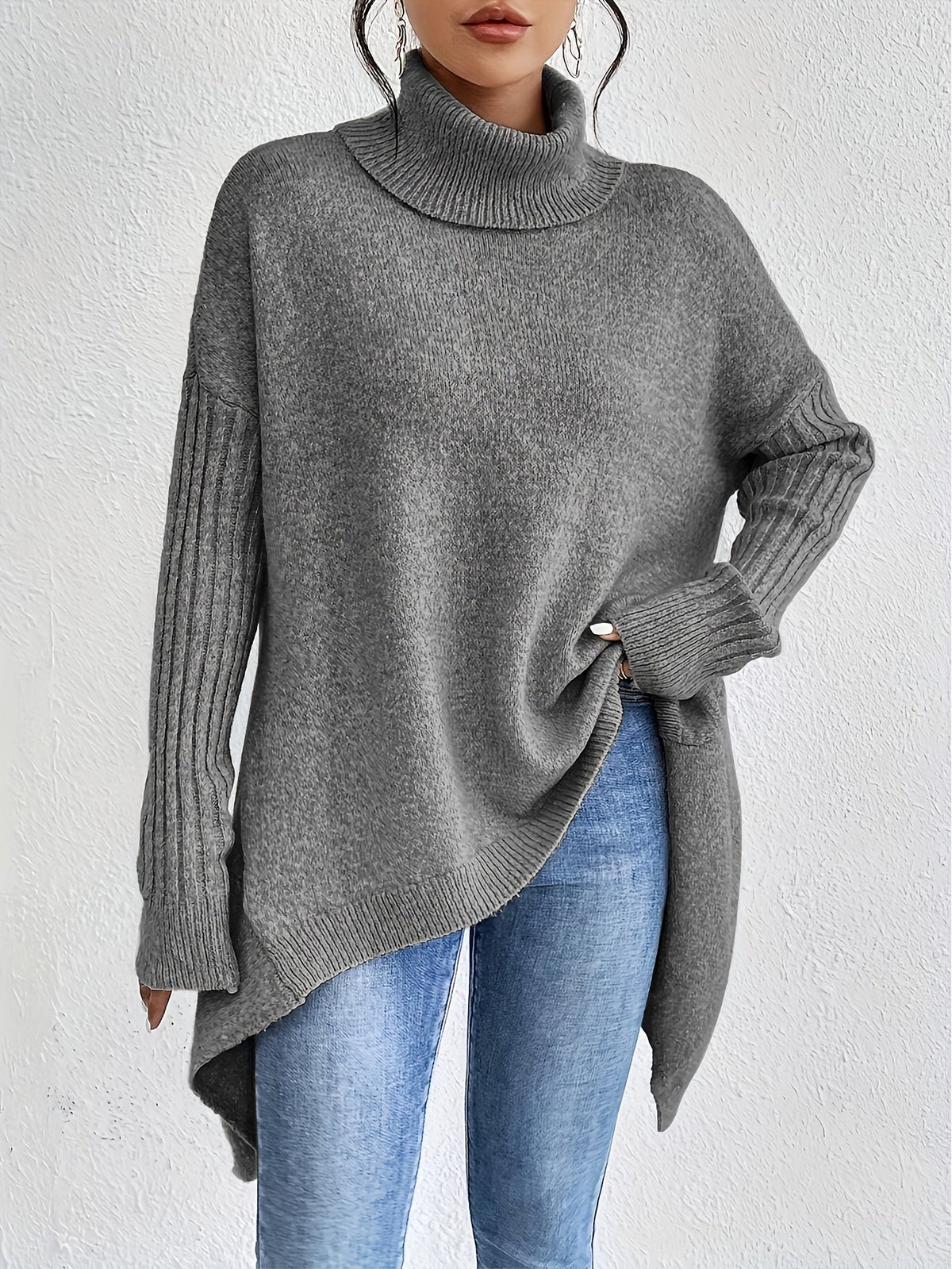 Turtleneck Long Sleeve Oversized High Low Sweater