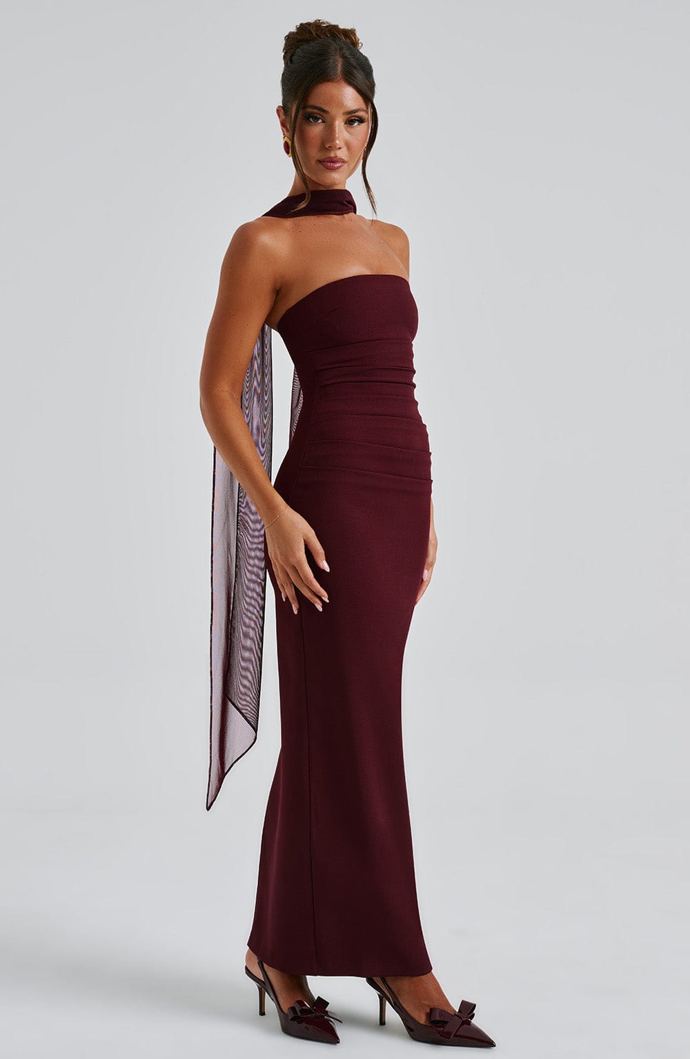 Strapless Ruched Bodycon Maxi Dress with Neck Scarf and Mesh Gloves 9
