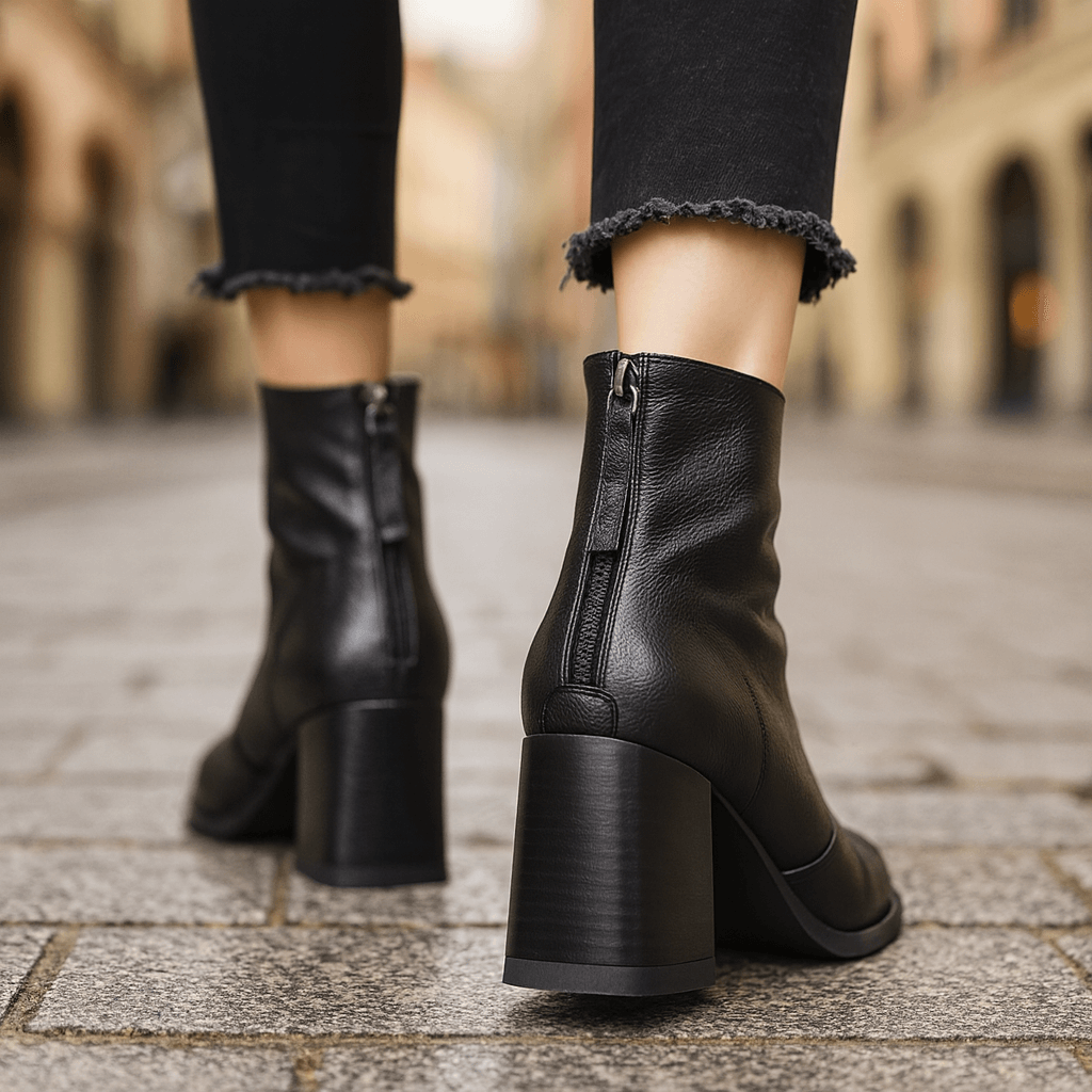 Square Toe Block Heel Back Zip Ankle Boots