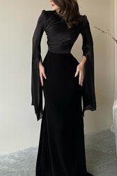 Liora Ruched Organza Satin Patchwork Long Bell Slit Maxi Dress - View 23