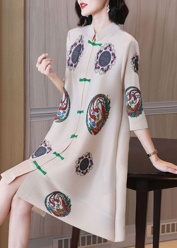 Pleated Mandarin Collar Frog Closure Phoenix Print Three Quarter Sleeve A-Line Midi Dress