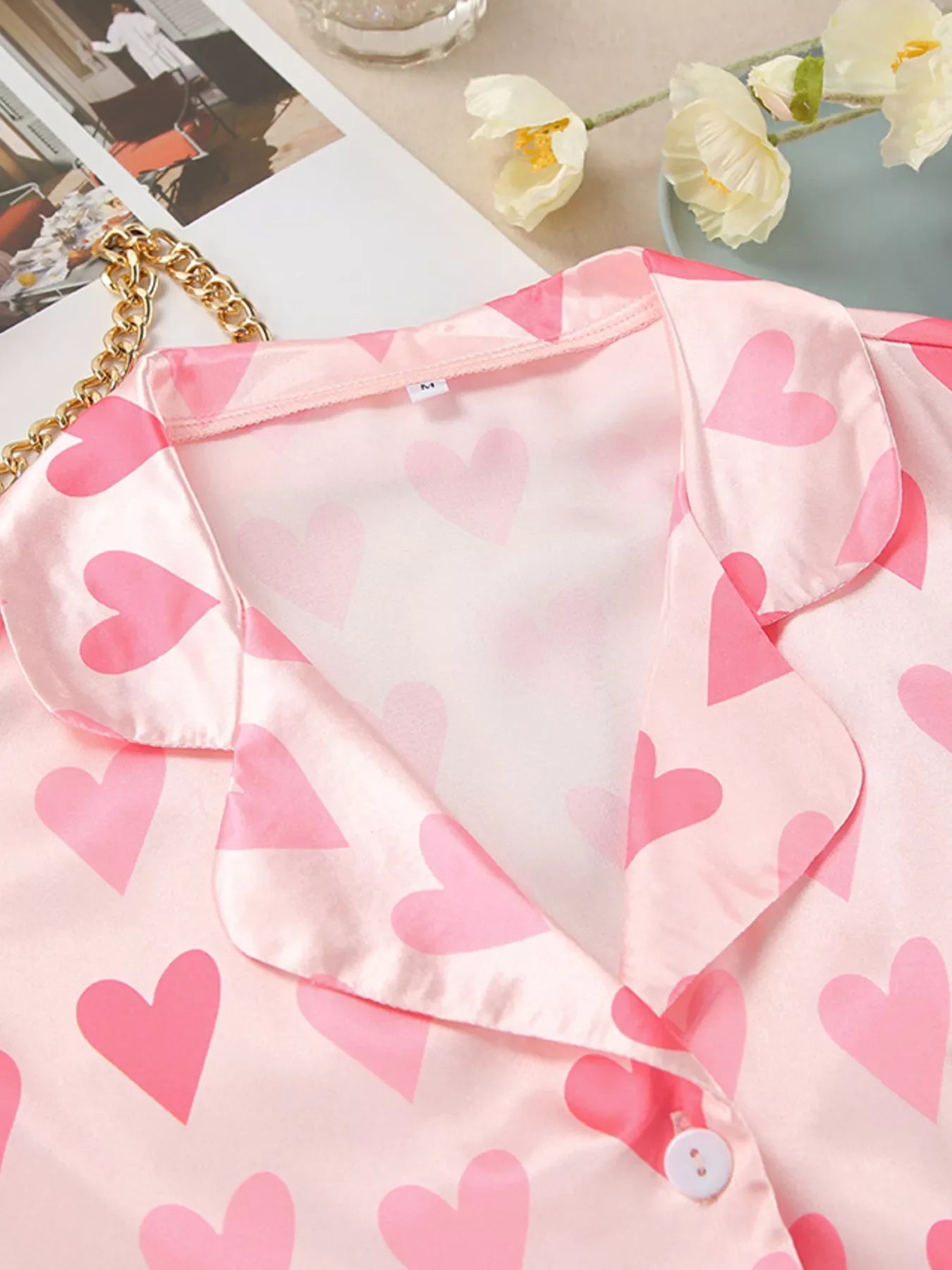 Heart Print Button Up Top and Pants Lounge Set