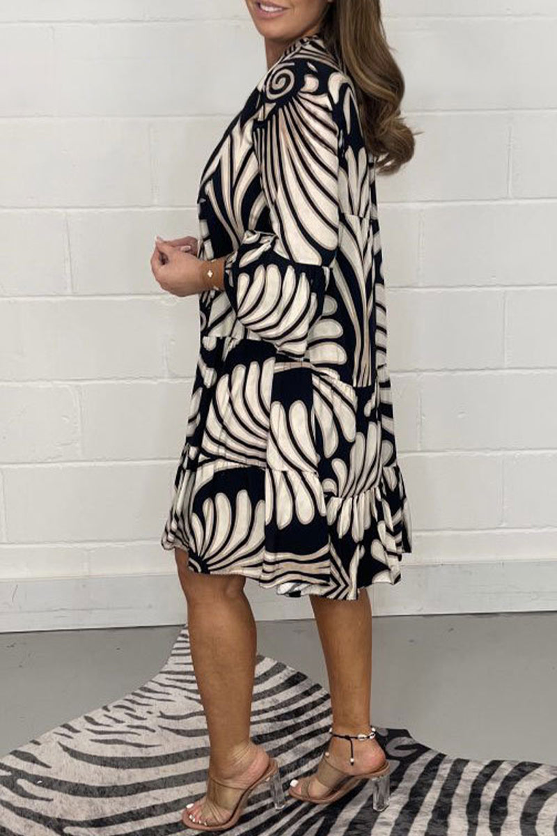 Abstract Floral Print Mandarin Collar Bell Sleeve Smock Tiered Midi Dress
