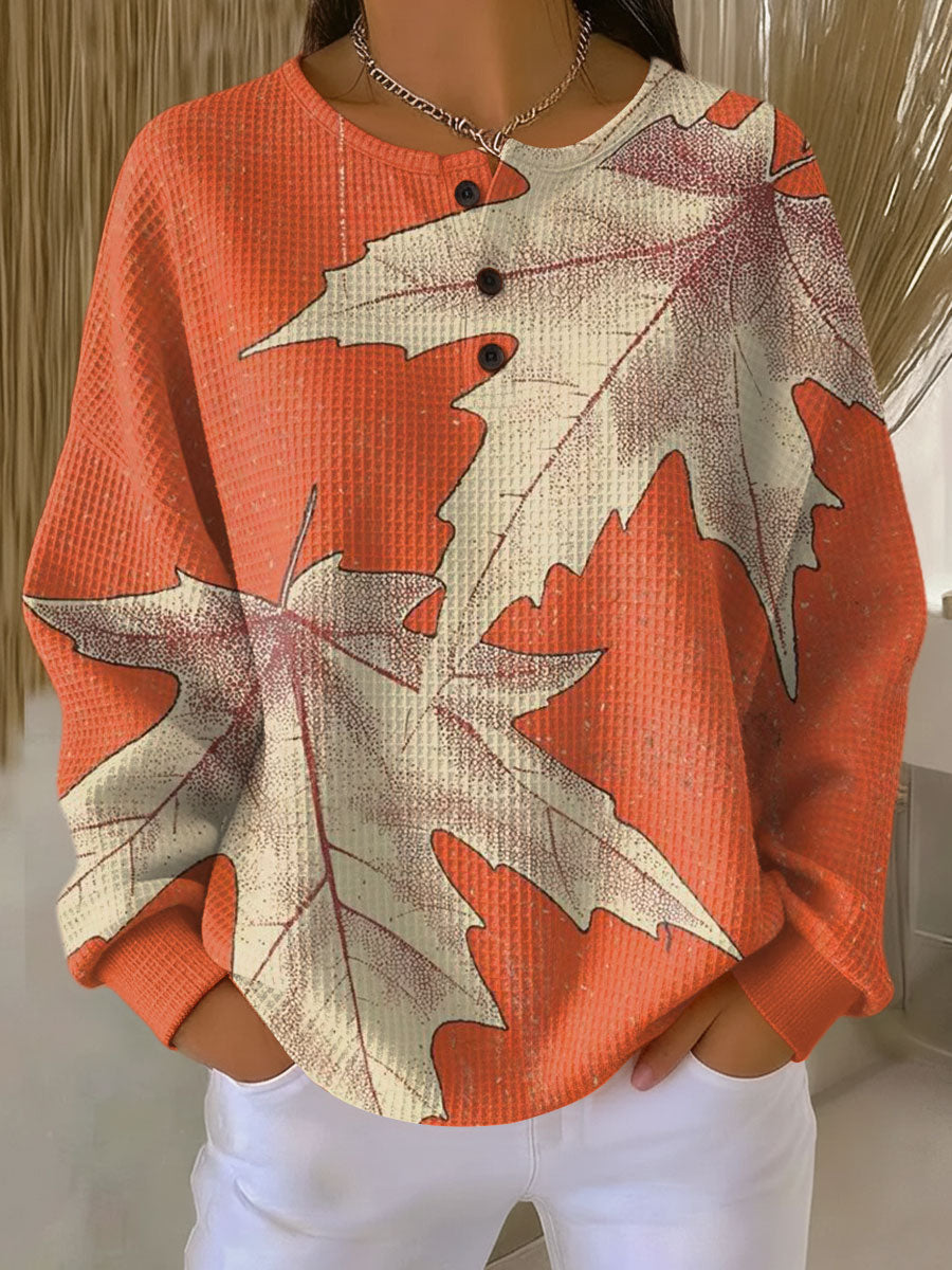 Maple Leaf Print Waffle Knit Button Henley Sweatshirt