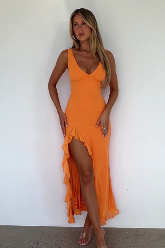 V Neck Ruffled Slit Cami Midi Dress