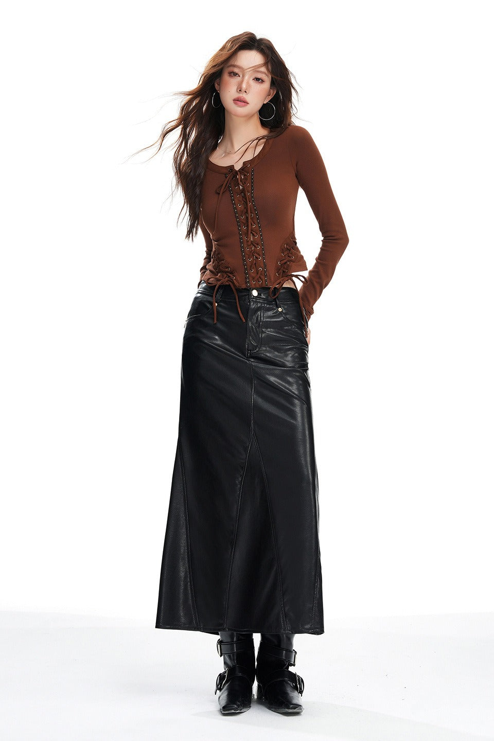 Faux Leather High Waist Seamed Mermaid Maxi Skirt 3