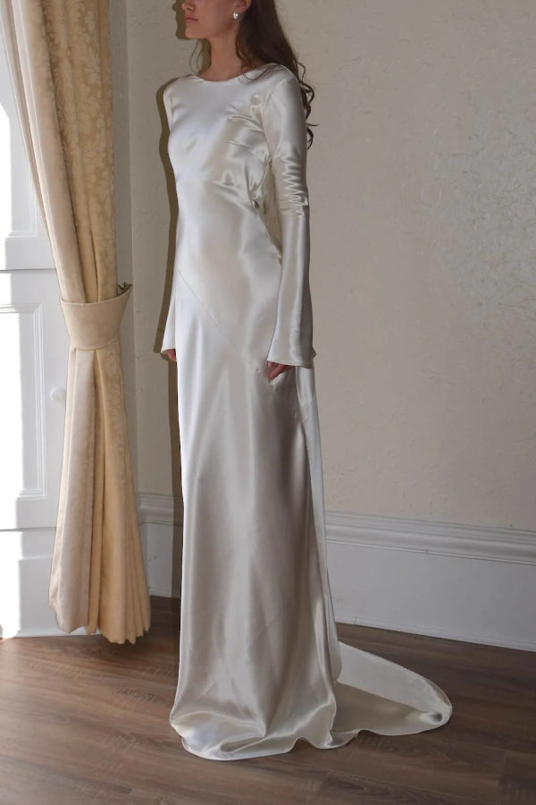 Satin Cowl Back Long Flare Sleeve Maxi Gown with Train 4