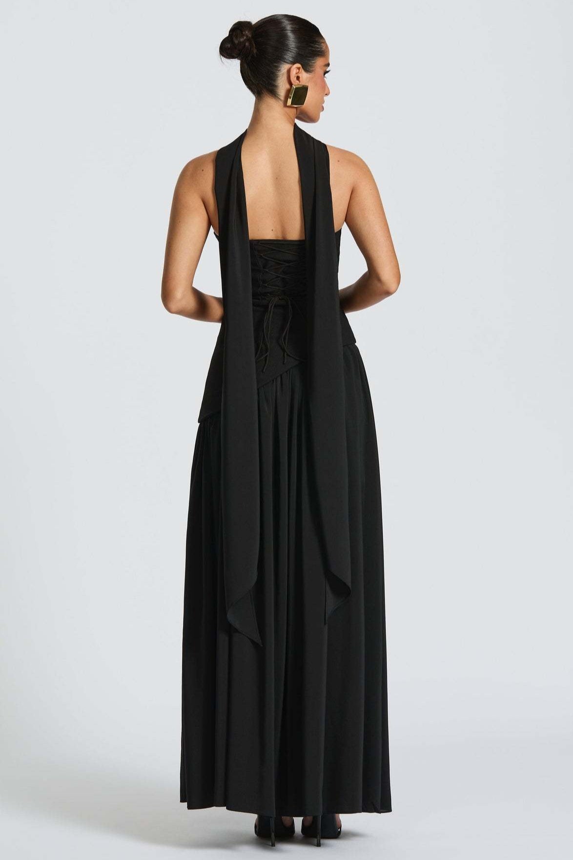 Strapless Scarf Neck High Split Draped Maxi Gown