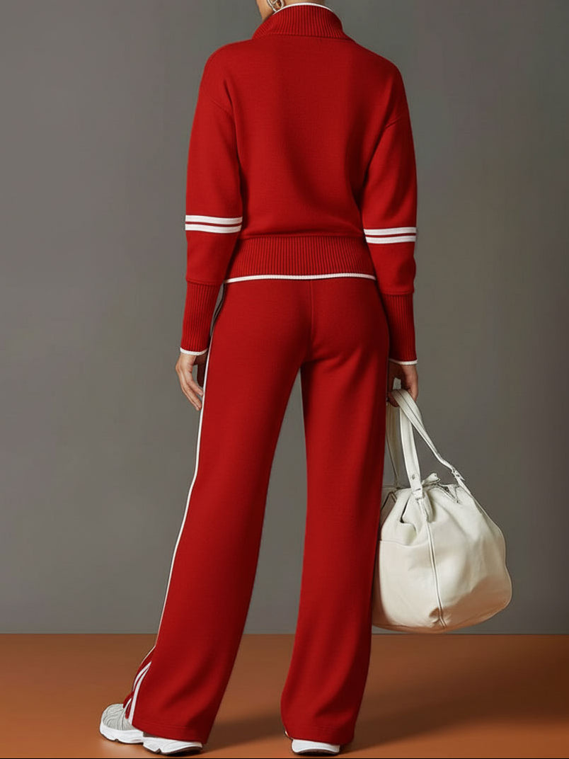 Quarter Zip Contrast Trim Pullover and Wide Leg Pants Two Piece Set