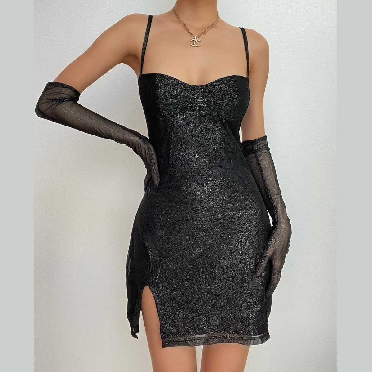 Glitter Mesh Sweetheart Neck Cami Slit Mini Dress with Long Gloves