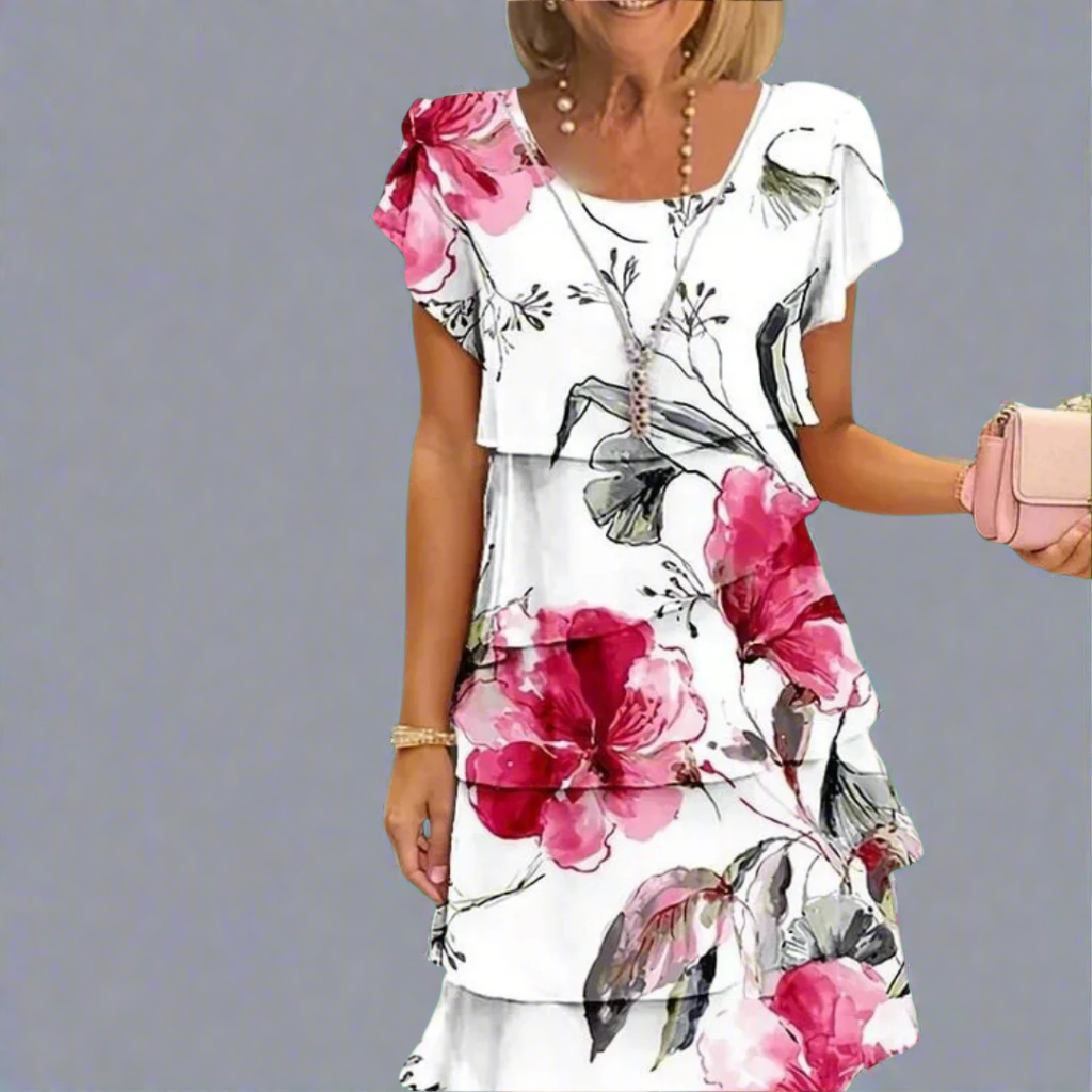 Sable - Floral Print Crew Neck Tiered Pleated Dress White