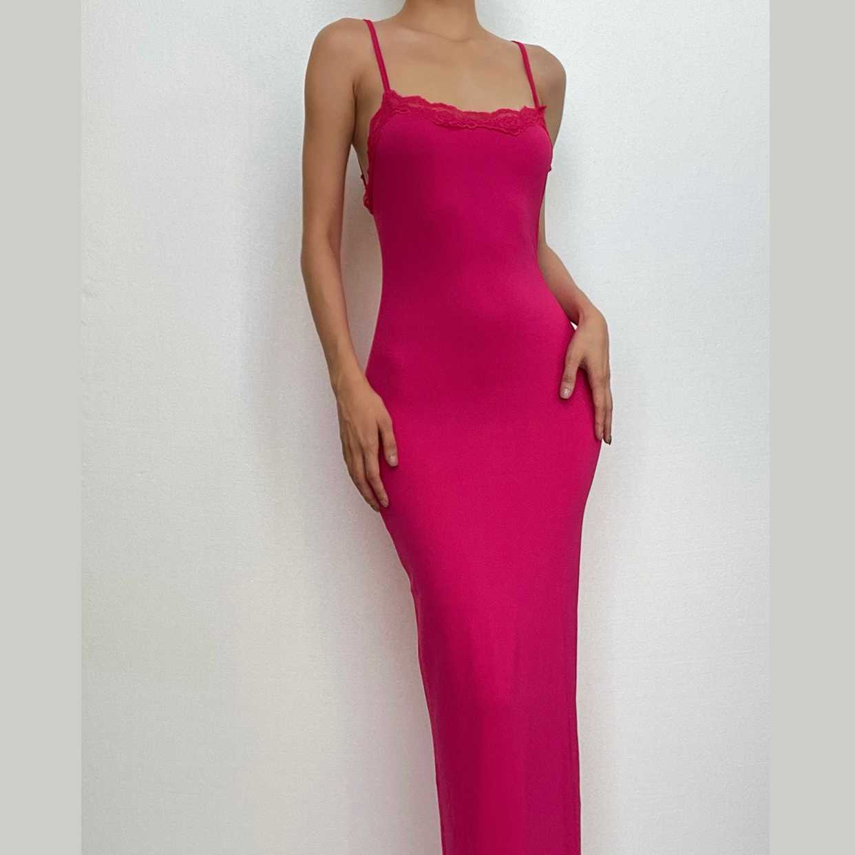 Lace hem square neck solid backless cami maxi dress 3