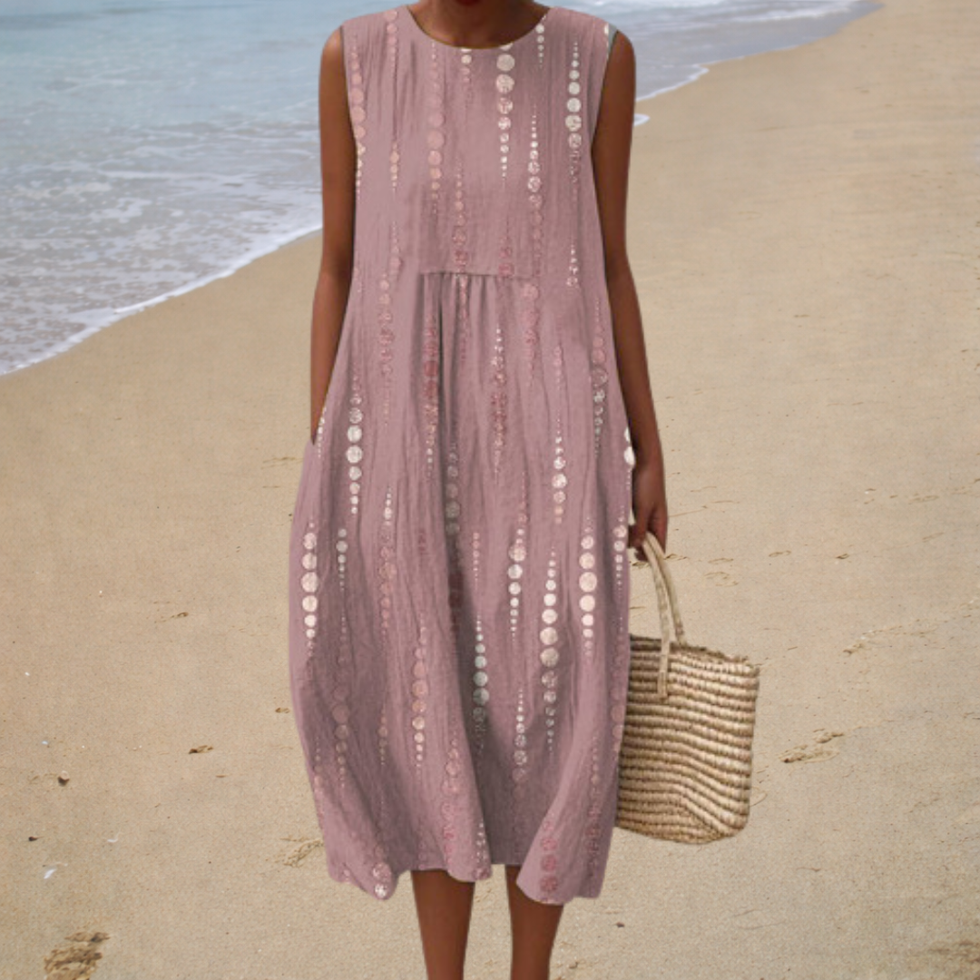 Printed Round Neck Sleeveless Pocket Loose Midi Dress