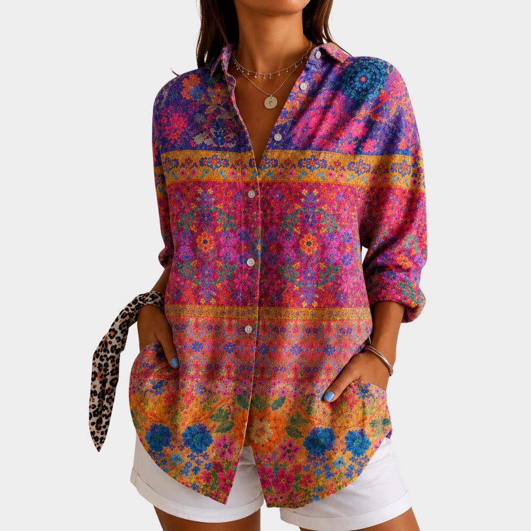 Floral Print Collared Button Front Long Sleeve Blouse