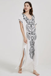 Embroidered V-Neck Short Sleeve Kaftan Maxi Dress 37