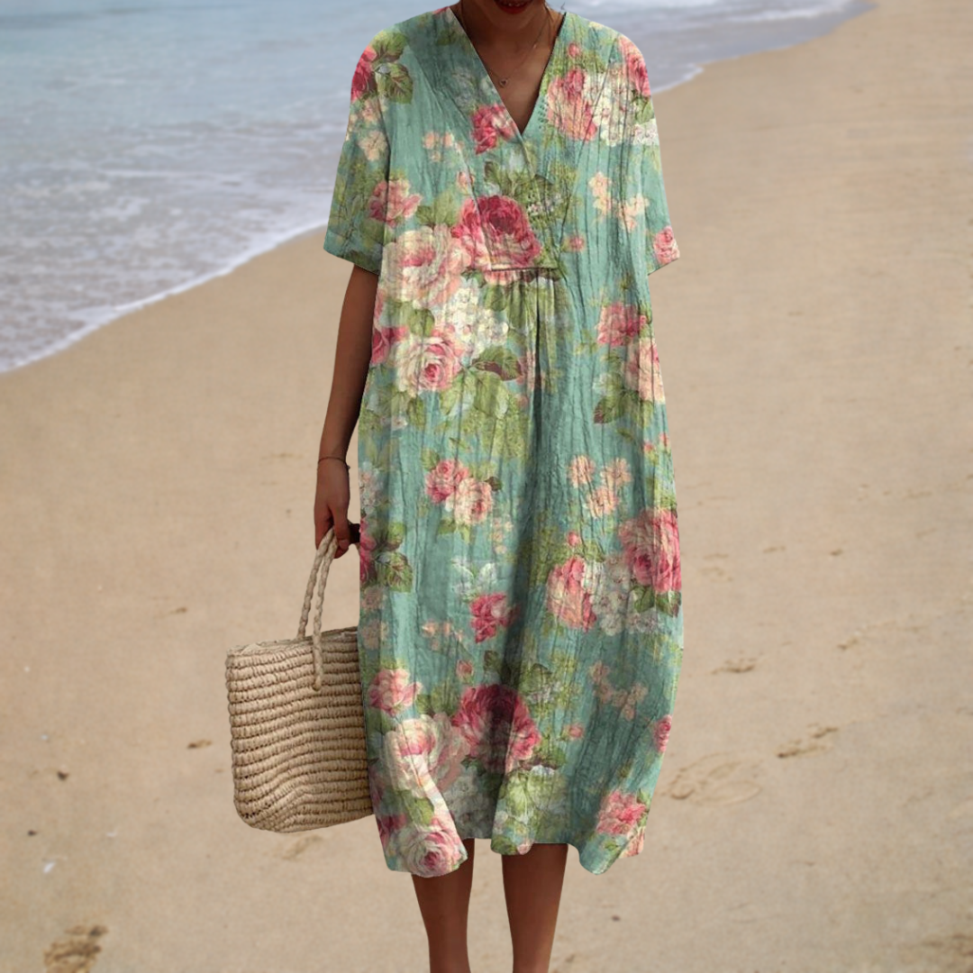 Floral V-Neck Short Sleeve Crinkle Oversized Maxi Dress