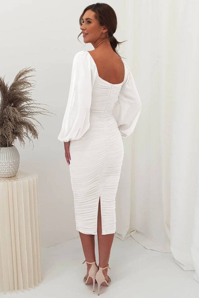 Square Neck Sheer Mesh Long Sleeve Ruched Bodycon Midi Dress 19