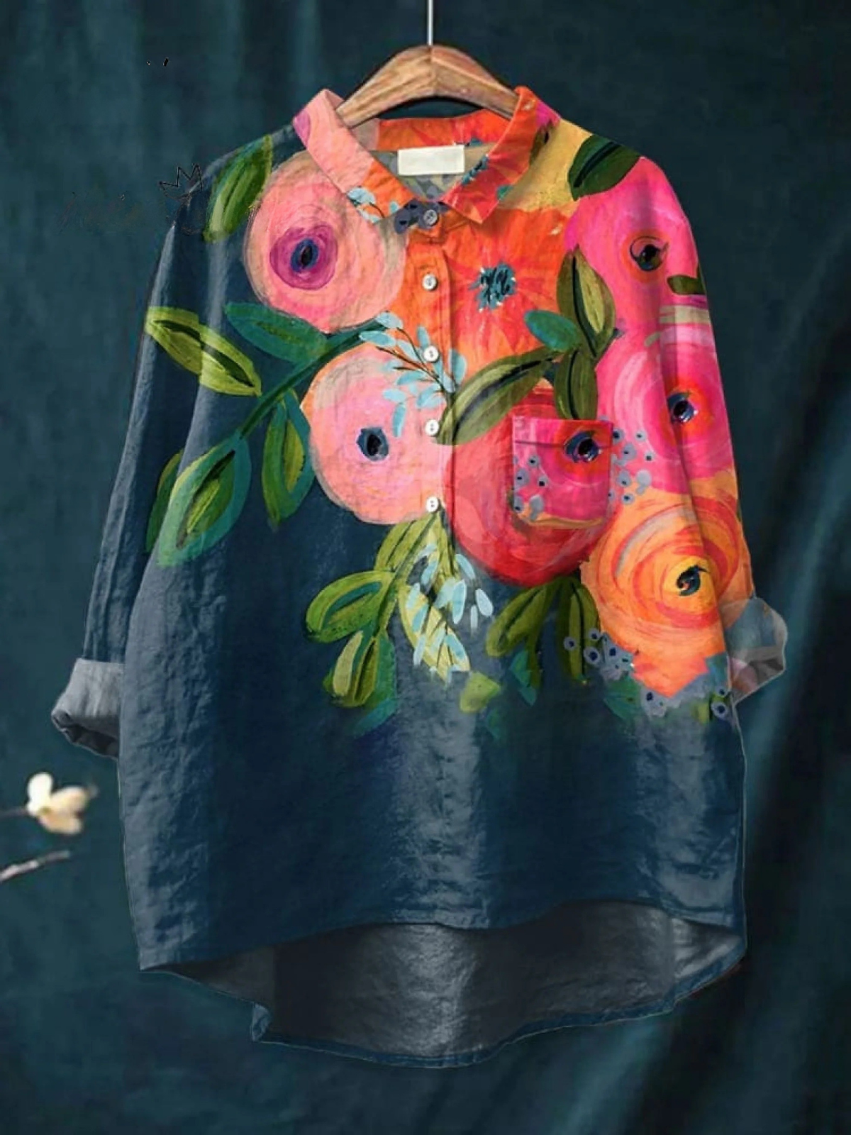 Floral Print Long Sleeve Button Front High Low Shirt