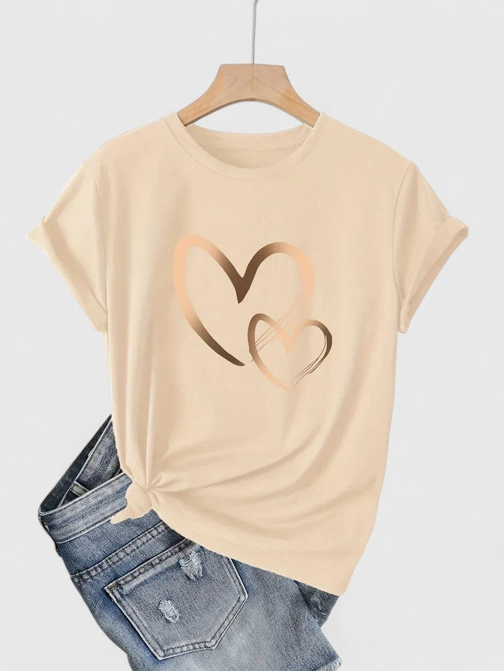 Heart Print Crew Neck Short Sleeve T-Shirt