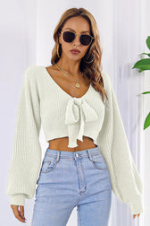 Long Cropped V-Neck Arm Sweater