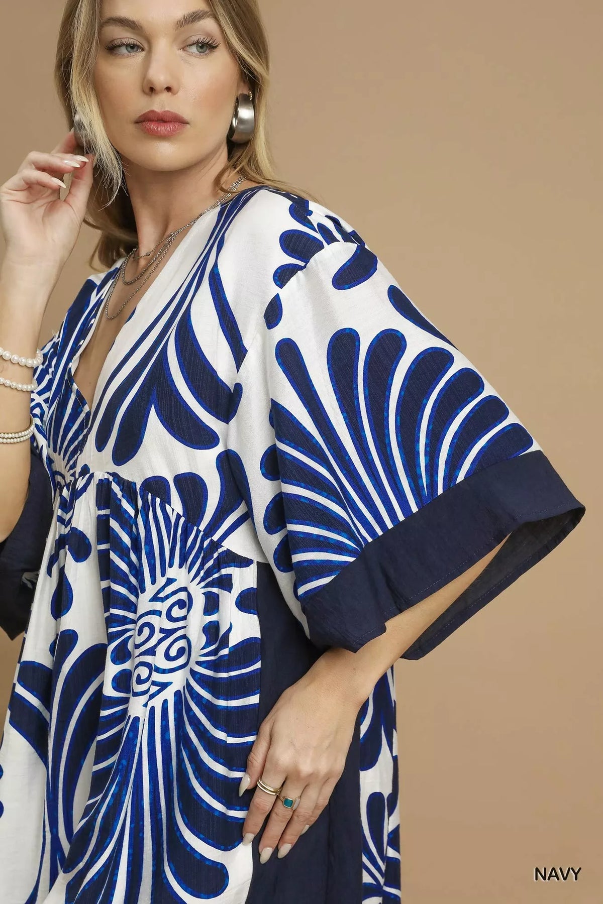 Abstract Print V-Neck Kimono Sleeve Contrast Cuff Babydoll Mini Dress 6