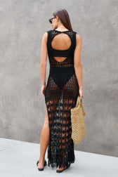 Knit Hollow Out Fringe Beach Maxi Cover Up