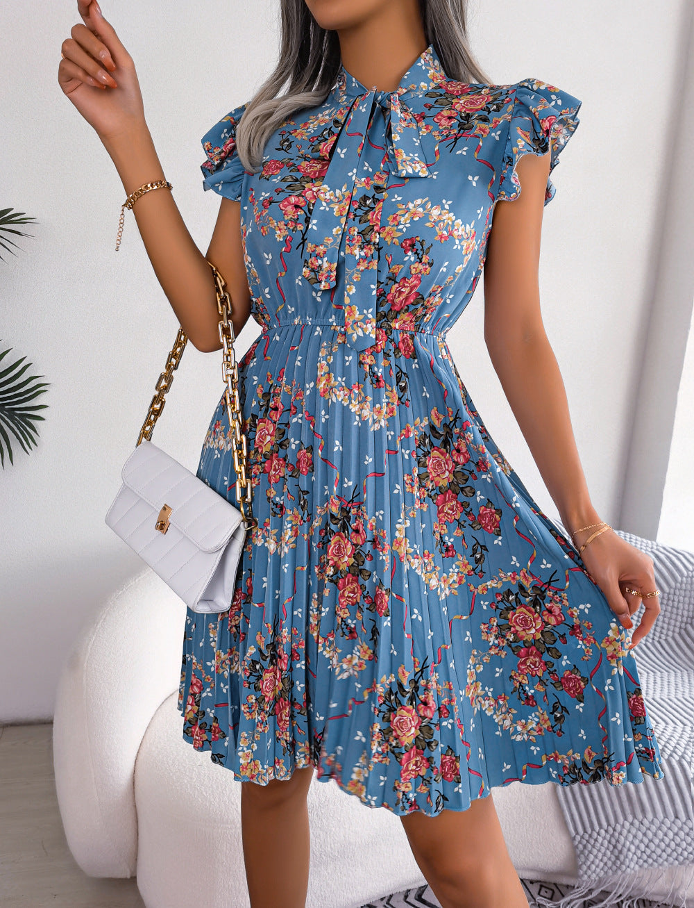 Pleated Floral Printed Tie Neck Knee Length Dress Misty Blue