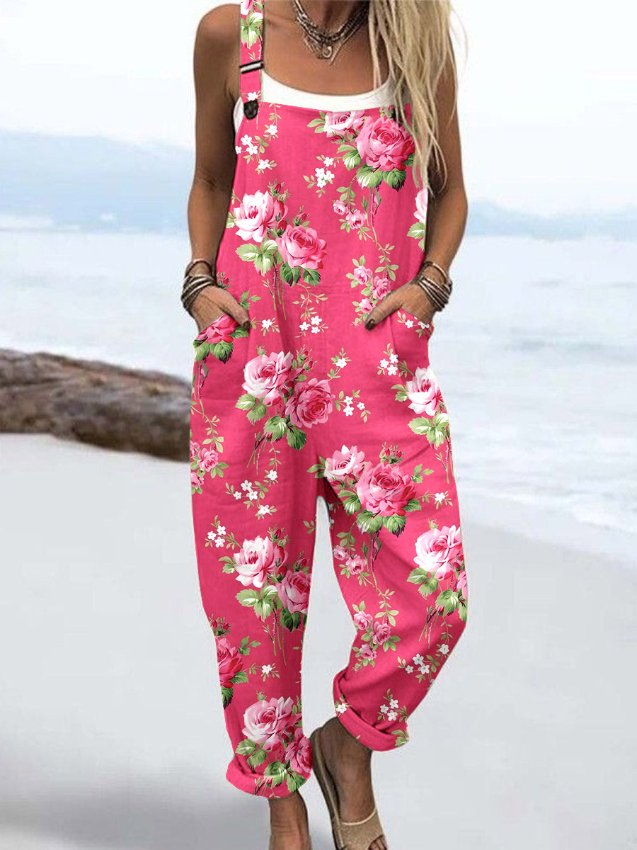 Wome's Retro Geometric Rose Print Casual Cotton Wide Leg Jumpsuit